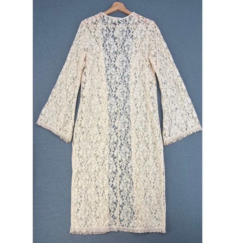 Forever 21 Cream Floral Lace Longline Duster Cardigan Bell Sleeve Pom Trim Small - Picture 4 of 8